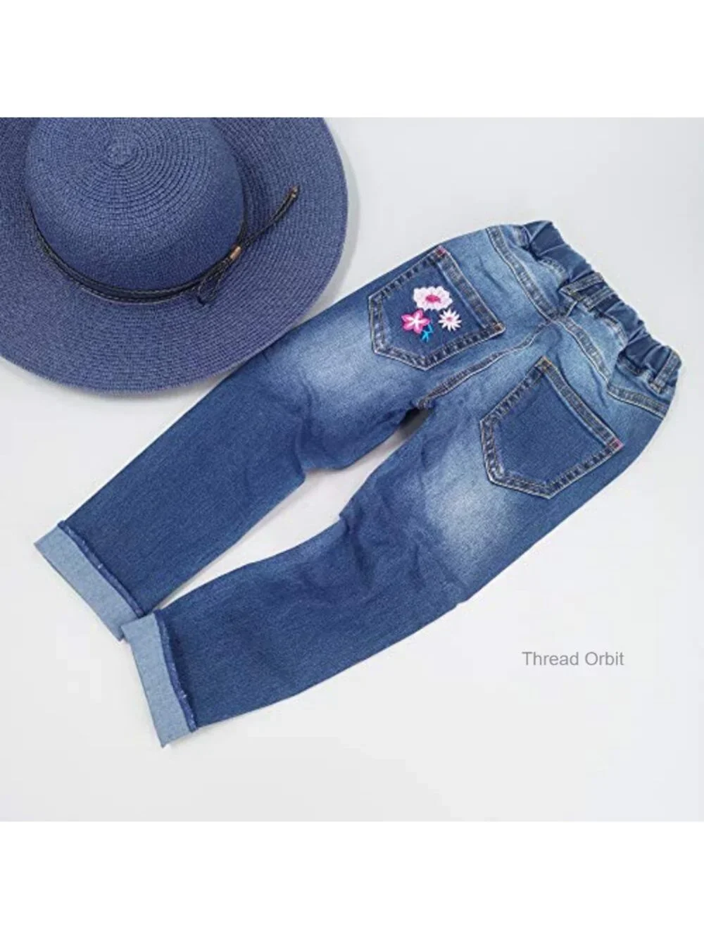Girls Embroidered Jeans Elastic Waist Denim Pants Cute Butterfly Fashion Teen